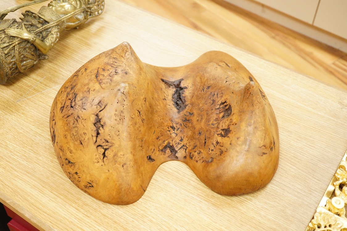 A large free form burr elm fruit bowl or centre dish, 45cm wide